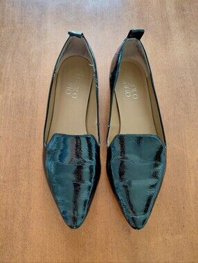 Franco Sarto Black Pointed Toe Elegant Flats Studded Heel Faux Leather Shiny 6.5